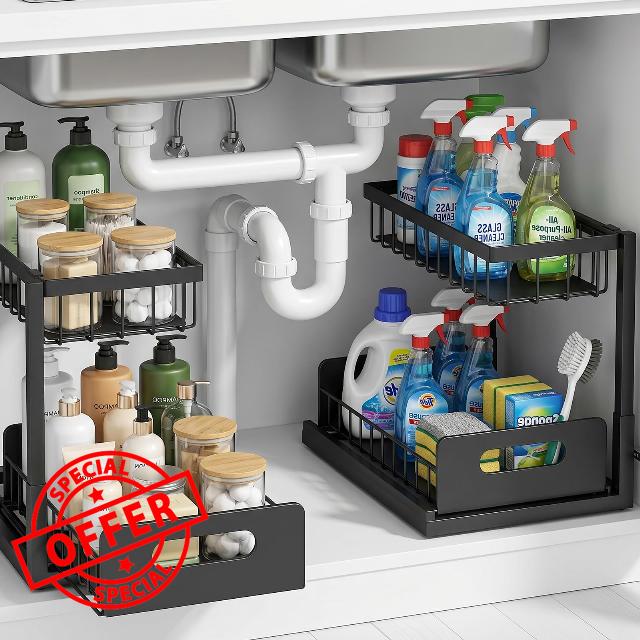 Under-Sink Storage Organizer (2-Pack) — Double-Tier Pull-Out Cabinet Organizer with Sliding Drawers ，Heavy-Duty & Versatile Storage Rack for Kitchen