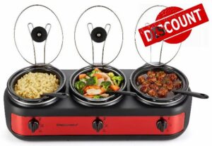 Elite Gourmet EWMST-325R Maxi-Matic Triple Slow Cooker Buffet Server Adjustable Temp Dishwasher-Safe Oval Ceramic Pots