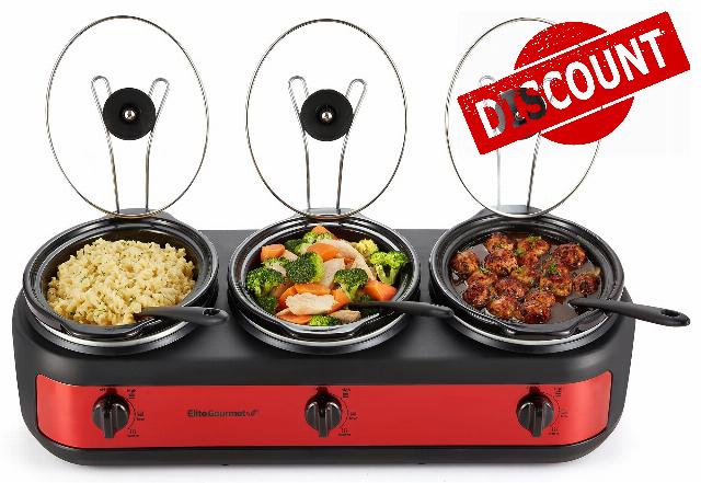 Elite Gourmet EWMST-325R Maxi-Matic Triple Slow Cooker Buffet Server Adjustable Temp Dishwasher-Safe Oval Ceramic Pots