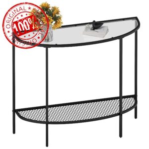 SAYGOER Glass Half Moon Console Table 2 Tier Narrow Entryway Table with Black Metal Frames