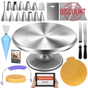 RFAQK 50PCs Cake Decorating Supplies Kit with 12" Aluminum Rotating Cake Turntable Stand