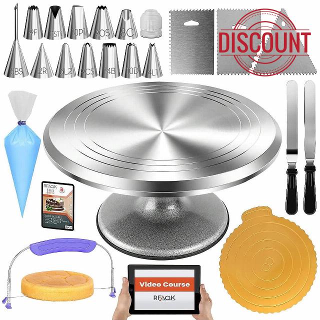 RFAQK 50PCs Cake Decorating Supplies Kit with 12" Aluminum Rotating Cake Turntable Stand