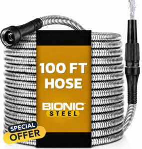 BIONIC STEEL 100 Ft Metal Garden Hose with Sprayer Nozzle