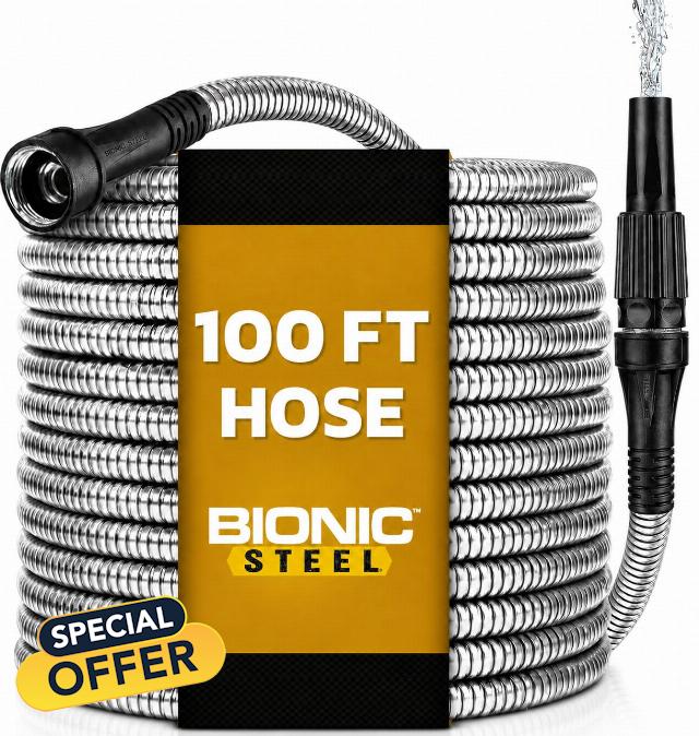 BIONIC STEEL 100 Ft Metal Garden Hose with Sprayer Nozzle