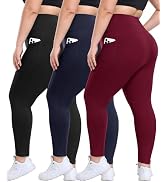 3 Pack Plus Size Leggings with Pockets for Women - High Waisted Tummy Control Spandex Soft Black ...
