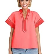 HangNiFang Womens Summer Color Block Shirt Blouse V Neck Short Sleeve Cotton Boho Tunic Tops