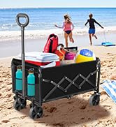 600LBS Beach Wagons Carts Foldable for Sand, Heavy Duty Collapsible Wagon with Brakes & All-Terra...