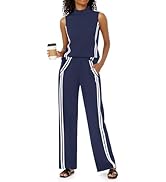 Casly Lamiit 2 Piece Sets for Women Summer Outfits Mock Neck Tank Top Wide Leg Pants Stripes Casu...