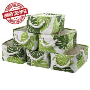 Organization and Storage Basket for Shelves - Small 6 Pack Fabric Storage Bin Collapsible Baskets for Organizing with Handle for Cloth Decorative Laundry Canvas (Banana Leaf 12x8x5.2 inch)