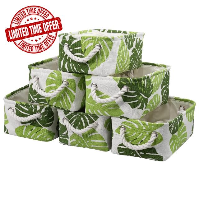 Organization and Storage Basket for Shelves - Small 6 Pack Fabric Storage Bin Collapsible Baskets for Organizing with Handle for Cloth Decorative Laundry Canvas (Banana Leaf 12x8x5.2 inch)