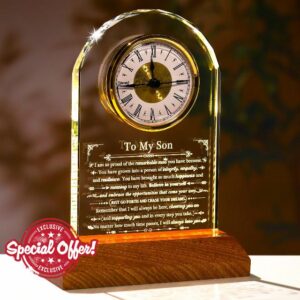 Ornalrist Meaningful Son Glass Clock Gifts from Mom Dad to My Son Crystal Clock Birthday Keepsake with Wooden Light Base Gifts for Son Adult on Graduation Christmas Fathers Day Home Table Deco