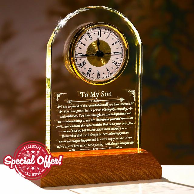 Ornalrist Meaningful Son Glass Clock Gifts from Mom Dad to My Son Crystal Clock Birthday Keepsake with Wooden Light Base Gifts for Son Adult on Graduation Christmas Fathers Day Home Table Deco
