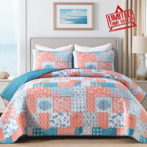 Xruibed Coral Pink Ocean Quilt Set Queen Coastal Beach Theme Quilt Soft Microfiber Bedspread with 2 Pillow Shams Patchwork Beach Bedding Quilt for All Season 90"x96"