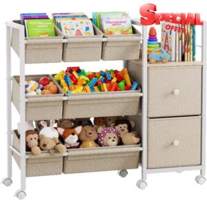 Modanais Kids Toy Organizers and Storage Bins - 7 Storage Bins + 2 Fabric Drawers + 1 Bookshelf