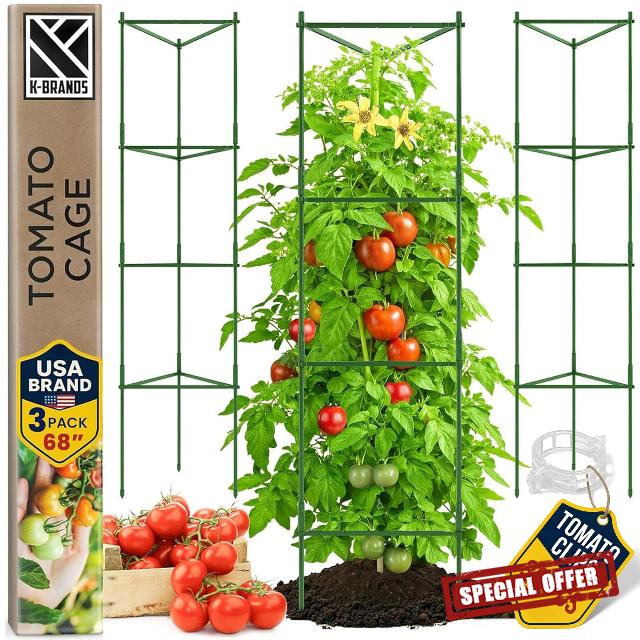 K-Brands Tomato Cage - Tomatoes Plant Stakes Support Cages Trellis for Garden and Pots (3 Pack - Extra Tall Upto 68 inches)