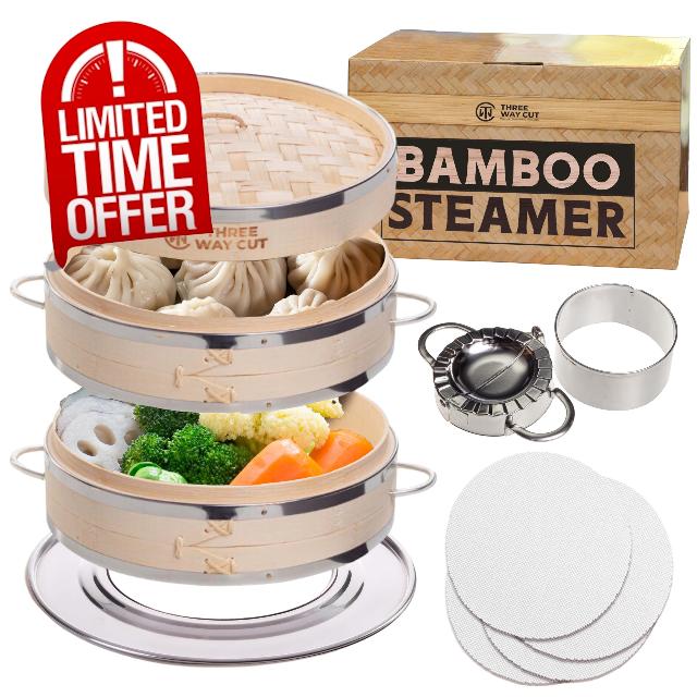 Bamboo Steamer 10 Inch - Dumpling Steamer Basket 2 Tier
