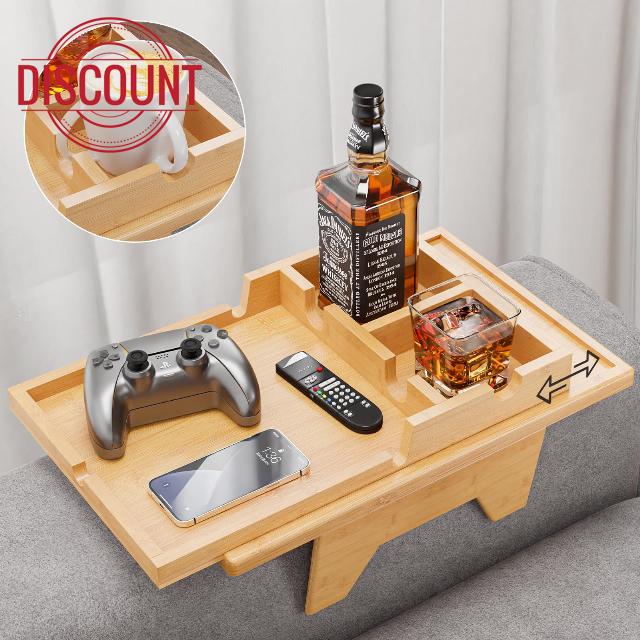 Bestjing Bamboo Couch Cup Holder Tray - 2 in 1 Couch Armrest Table with Be Slide-Away Detachable Double Holder - Sofa Armchair Caddy for Drinking Snacks iPad TV Remote