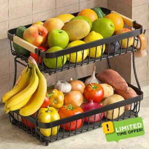 Sevenblue 2 Tier Large Fruit Basket for Kitchen Counter with 2 Mobile Banana Hangers