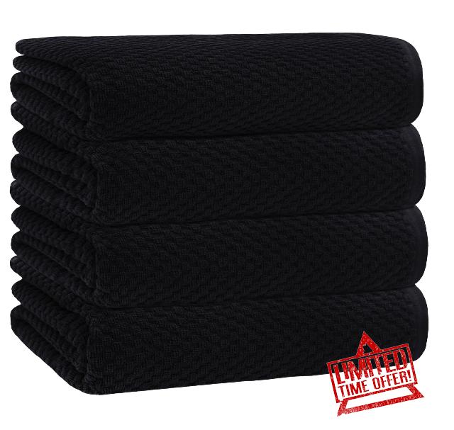 COTTON CRAFT Waffle Bath Towel - Set of 4 Luxury Euro Spa Waffle Weave Towels - 100% Ringspun Cotton Bath Towel - Super Absorbent Quick Dry Bath Towel Set - Oversized 30 inches x 56 inches - Black