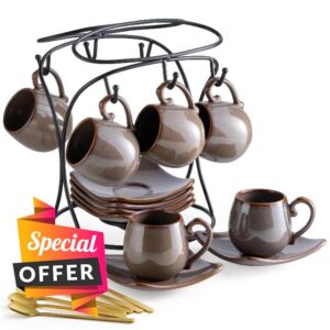 LYEOBOH 3oz Coffee Espresso Cups with Saucers Set of 6
