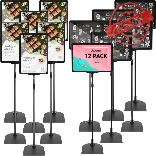 Wesiti 12 Pack Adjustable Poster Stand Holder Floor Standing Display Sign Holder for Advertising Business Menu Stand Vertical and Horizontal View Sign Displayed Black (8.5 x 11 Inch)