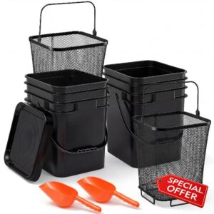 Maxdot 2 Sets 20lb Pellet Bucket Kits with Metal Mesh Filter & Orange Scoop