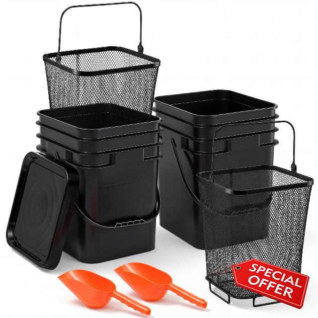 Maxdot 2 Sets 20lb Pellet Bucket Kits with Metal Mesh Filter & Orange Scoop