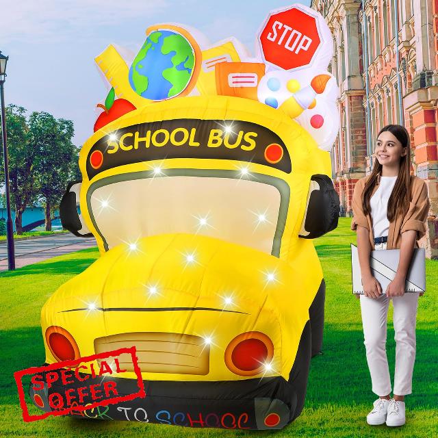 VIHOSE 5.4 Ft Back to School Inflatable Decorations First Day of School Bus Blow Up Yard Decor Build in LED Lights for Party Outdoor Garden Lawn Holiday