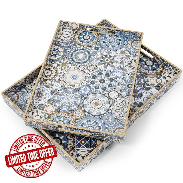 AGIOTA 2 Pcs Serving Tray with Handles Bohemian Decorative Tray Large Ottoman Trays for Living Room Blue Coffee Table Trays for Breakfas