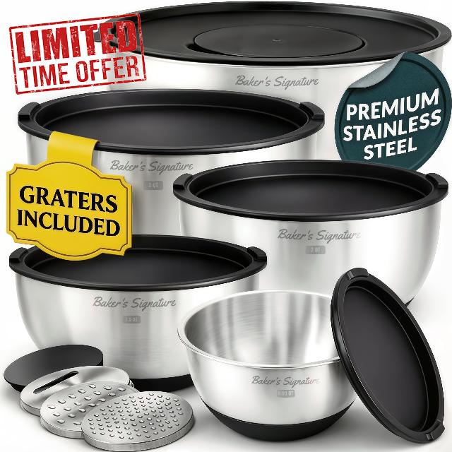 Baker's Signature Stainless Steel Mixing Bowls with Lids Set