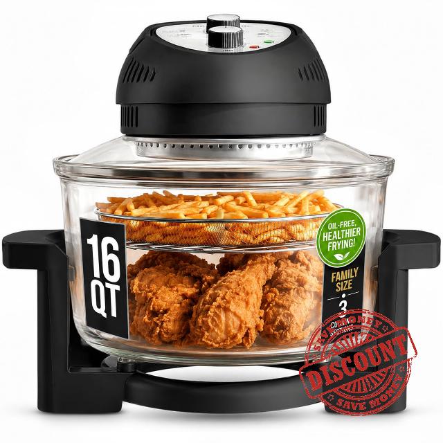 Granitestone 16 Qt Large Glass Air Fryer Non Toxic – Family Sized Airfyrer Cooker with 3 Cooking Sections