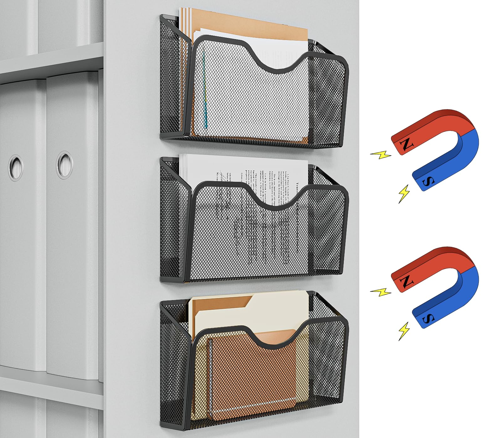 JANE EYRE Magnetic File Holder - 3PCS File Paper Mail Organizer No Drilling Magazine Paper Document Holder/Magnetic Hanging File Organizer for File Cabinets