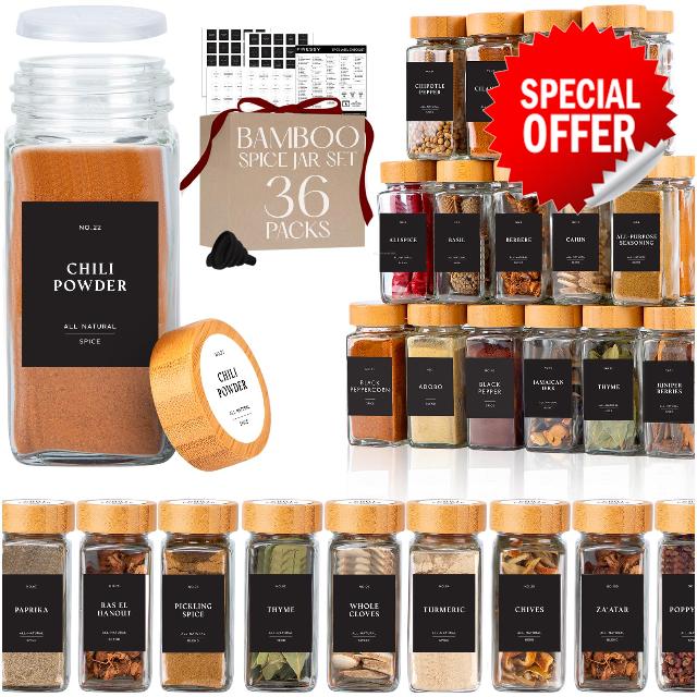 Glass Spice Jars with Label with Bamboo Lids 36 Pack Black Labels Set