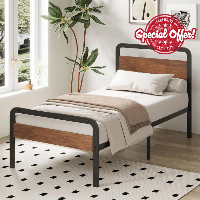 Richwanone Twin Bed Frames with Wood Headboard and Footboard