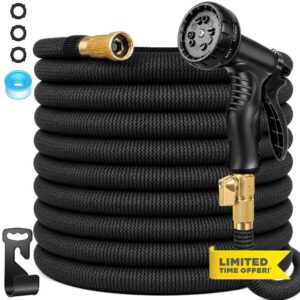100 ft Expandable Garden Hose with 10-Function Spray Nozzle – Flexible Water Hose with 3/4" Solid Brass Fittings
