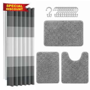 Britimes Grey Chenille Bathroom Sets with Shower Curtain and Rugs