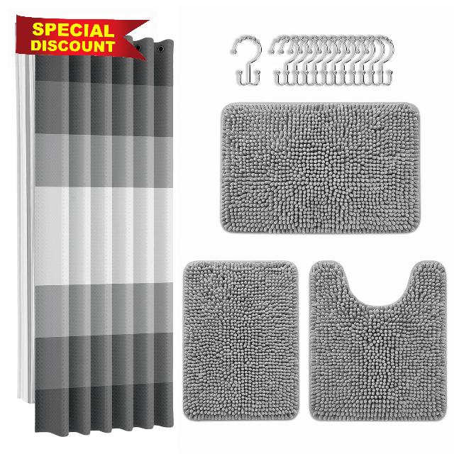 Britimes Grey Chenille Bathroom Sets with Shower Curtain and Rugs