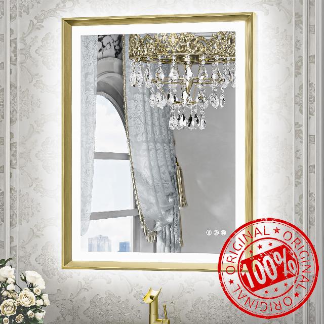 TETOTE Gold LED Mirror for Bathroom 24x32 Metal Frame Frontlit & Backlit Lighted Vanity Mirror Baroque Anti Fog Stepless Dimmable White/Warm/Natural