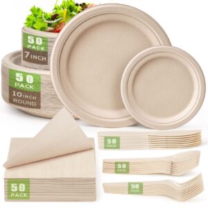 Gezond Compostable Paper Plates Set 300 Pieces Disposable Plates 10-inch Eco-friendly Paper Plates Heavy-duty Utensils and Napkins for Party