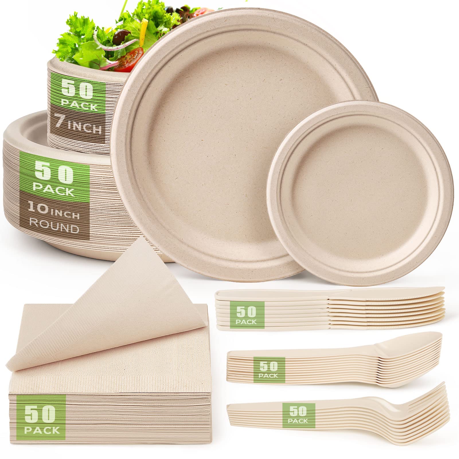 Gezond Compostable Paper Plates Set 300 Pieces Disposable Plates 10-inch Eco-friendly Paper Plates Heavy-duty Utensils and Napkins for Party