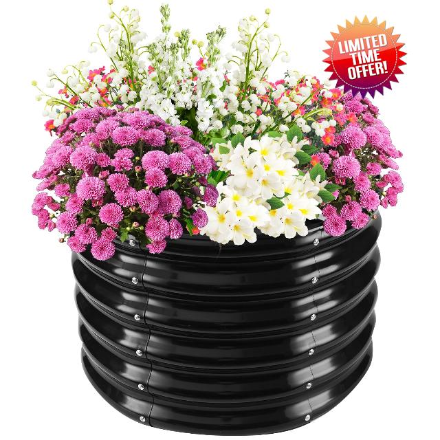 TBMLC 17" Tall Elevated Round Metal Rised Garden Bed- 2'x2' in Size and 0.8MM Thick Durable Planter Box for Vegetables Flowers Succulent at Patio/Garden Outdoor (Black
