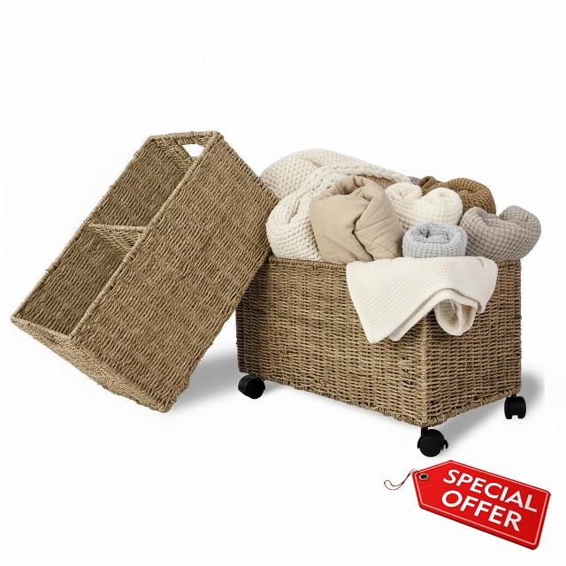 PEMAR Set of 2 Nesting Natural Wicker Rolling Storage Baskets on Wheels with Insert Handles
