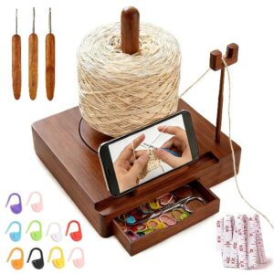 Wooden Yarn Holder: Smooth Rotating Yarn Stand with Knitting Accessory Storage and Phone Stand Function. Includes 10pcs Stitch Markers