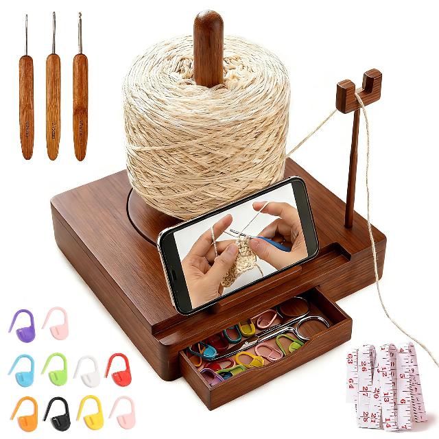 Wooden Yarn Holder: Smooth Rotating Yarn Stand with Knitting Accessory Storage and Phone Stand Function. Includes 10pcs Stitch Markers
