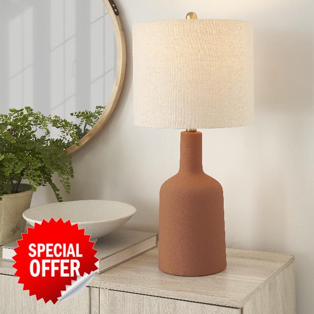 Nourison Home 22" Terracotta Orange Ceramic Table Lamp with Oatmeal Linen Shade for Modern Farmhouse