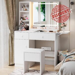 Haewon White Vanity Desk with Mirror and Lights