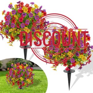 FAJUNZH 23" Set of 2 Artificial Boxwood Topiary Ball with Violet Flowers with Spikes