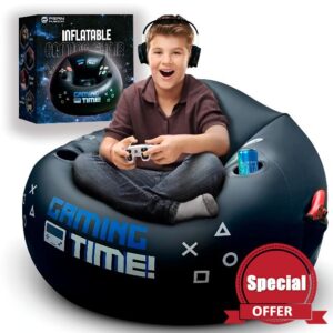 Inflatable Gaming Chair for Kids & Teens with Cup Holders and Side Pocket - This Air Gaming Bean Bag Chairs for kids is The Perfect Furniture for Gamer Room Decor - Perfect Gaming Stuff for boys 4-12