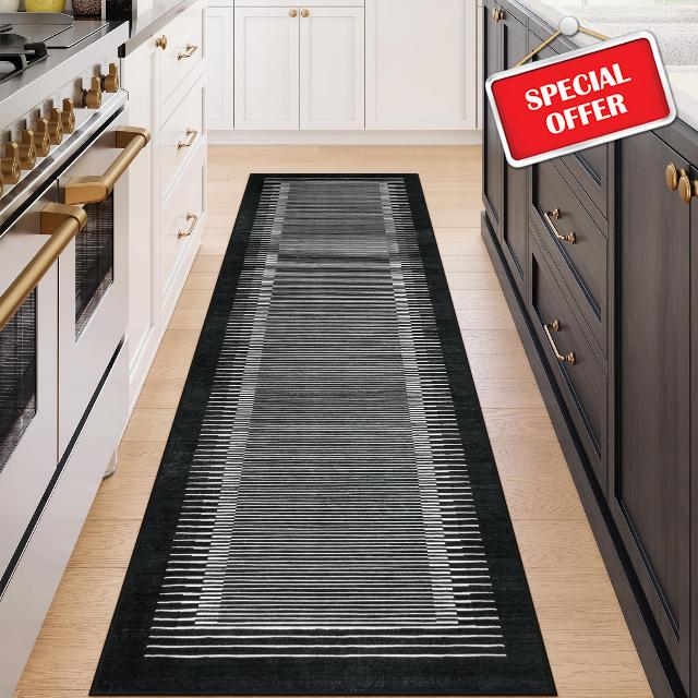 Wonnitar Washable Striped Black Runner Rug for Hallway 2'6"x8'