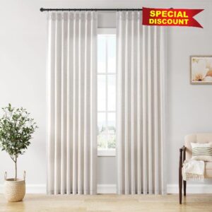 Joywell Pinch Pleat Linen Curtains 84 inch Length 2 Panels Back Tab Semi Sheer Light Filtering Elegant Natural Linen Pleated Drapes with Hooks for Bedroom Living Dining Room Decor 50x84 Beige White